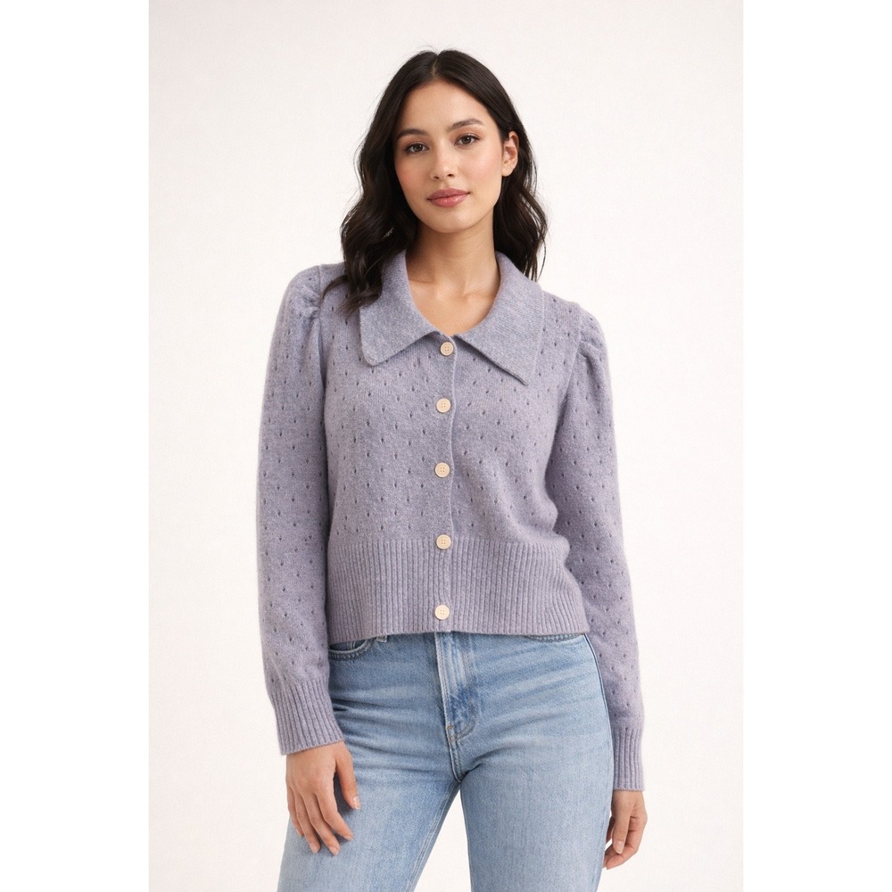 Fate Lavender Purple Pointelle Knit Cardigan Puff Sleeve Collar Sweater Medium